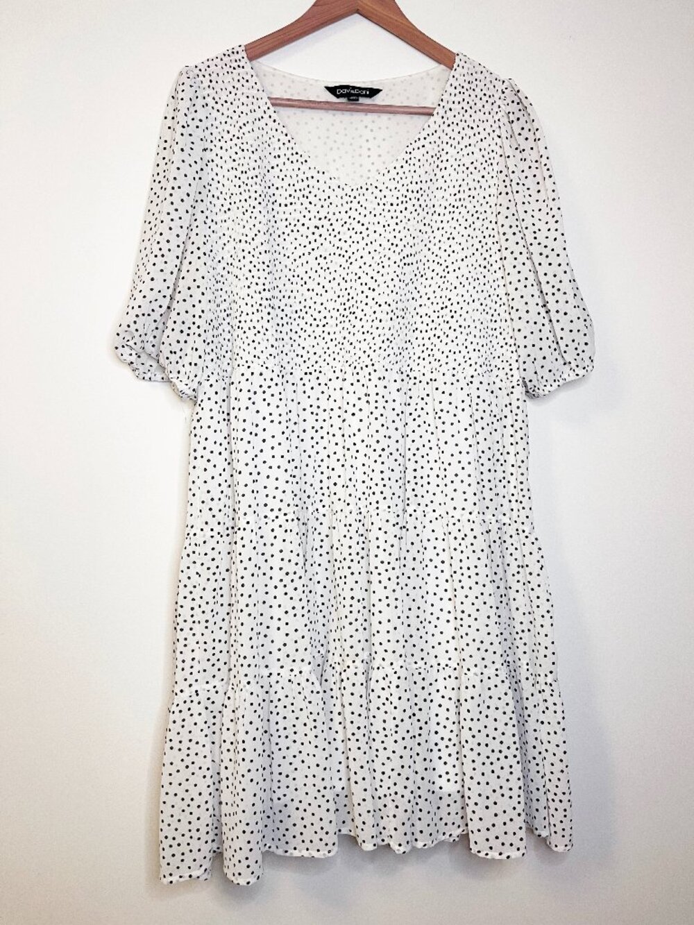 Davi & Dani 2XL White Black Polka Dot Tiered Midi Prairie Dress Puff Sleeve